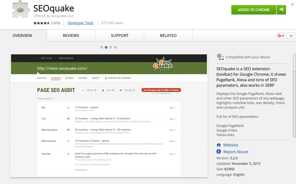 seoquake google chrome extension